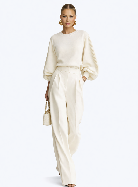 LOLA I Conjunto elegante marfil de punto con pantalón de cintura alta