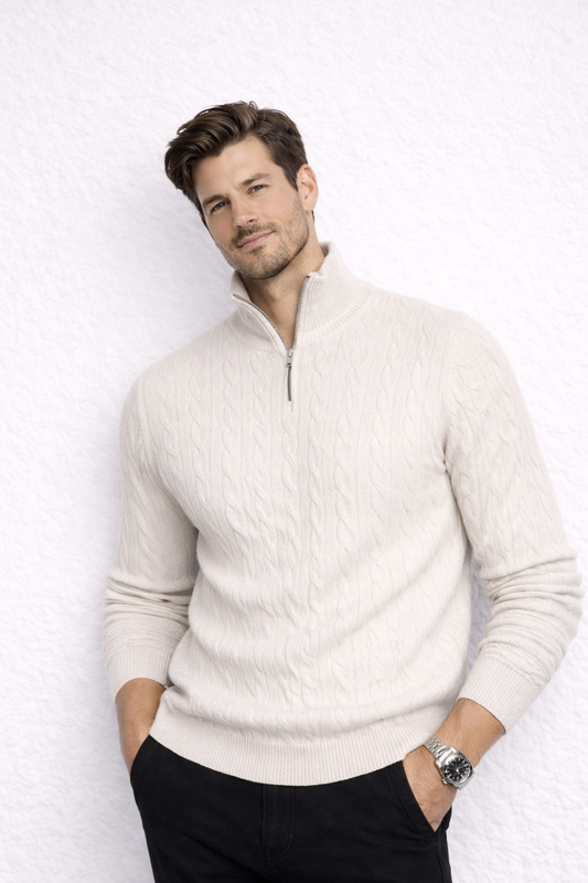 LION I Maglione in maglia a trecce con mezza zip