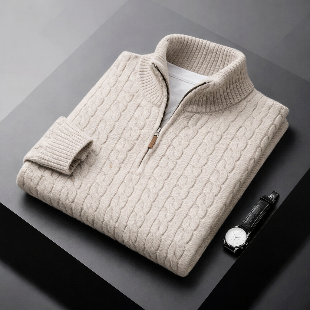 LION I Maglione in maglia a trecce con mezza zip